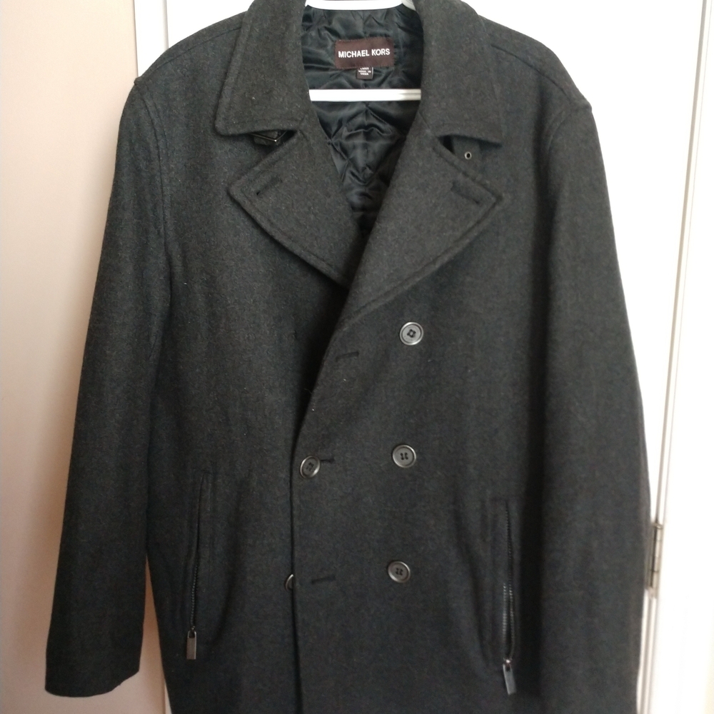 Michael Kors Mens Charcoal Double-Breasted Peacoat Size Large